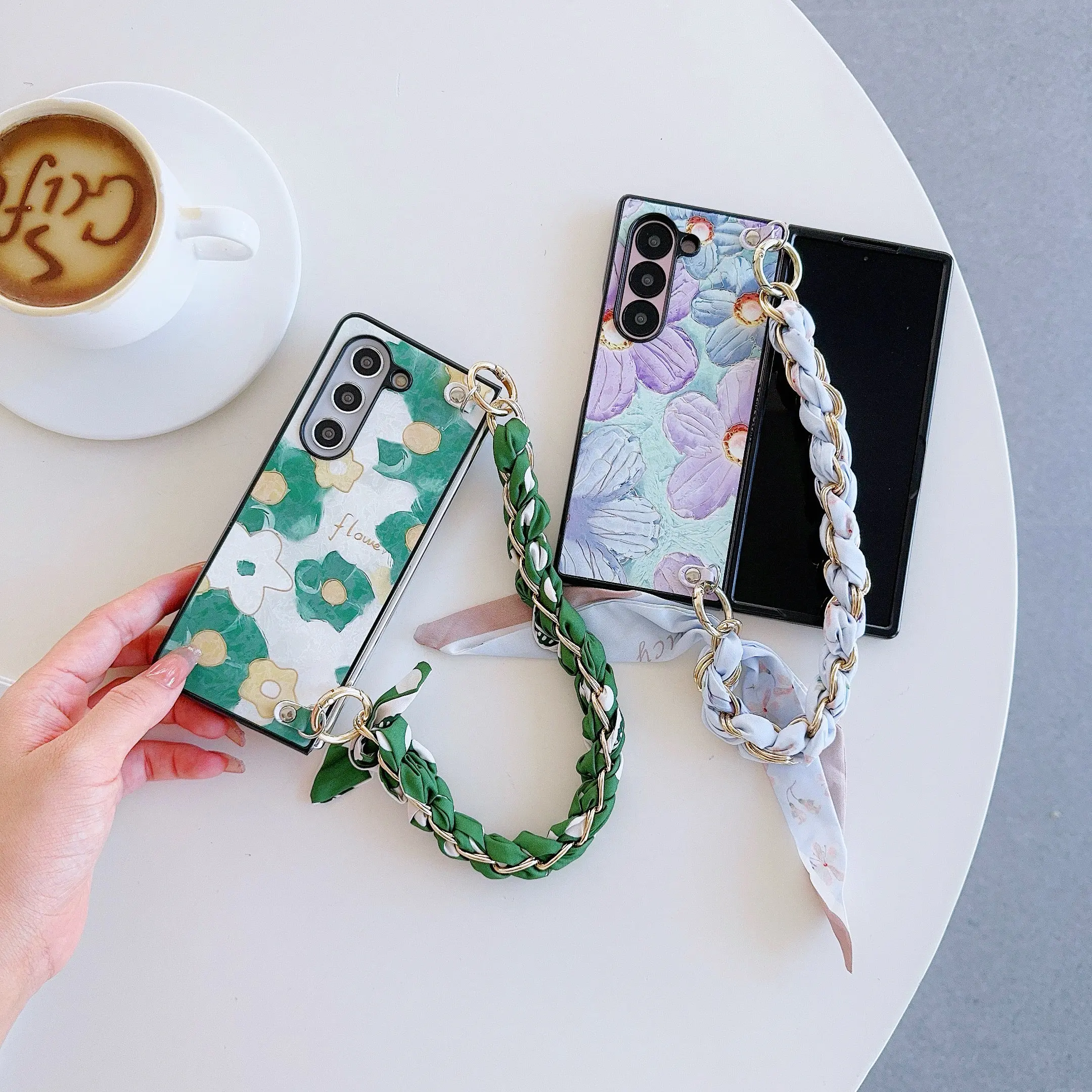 Floral PU Leather Phone Case with Hinge Protection & Scarf Wrist Chain Bracelet