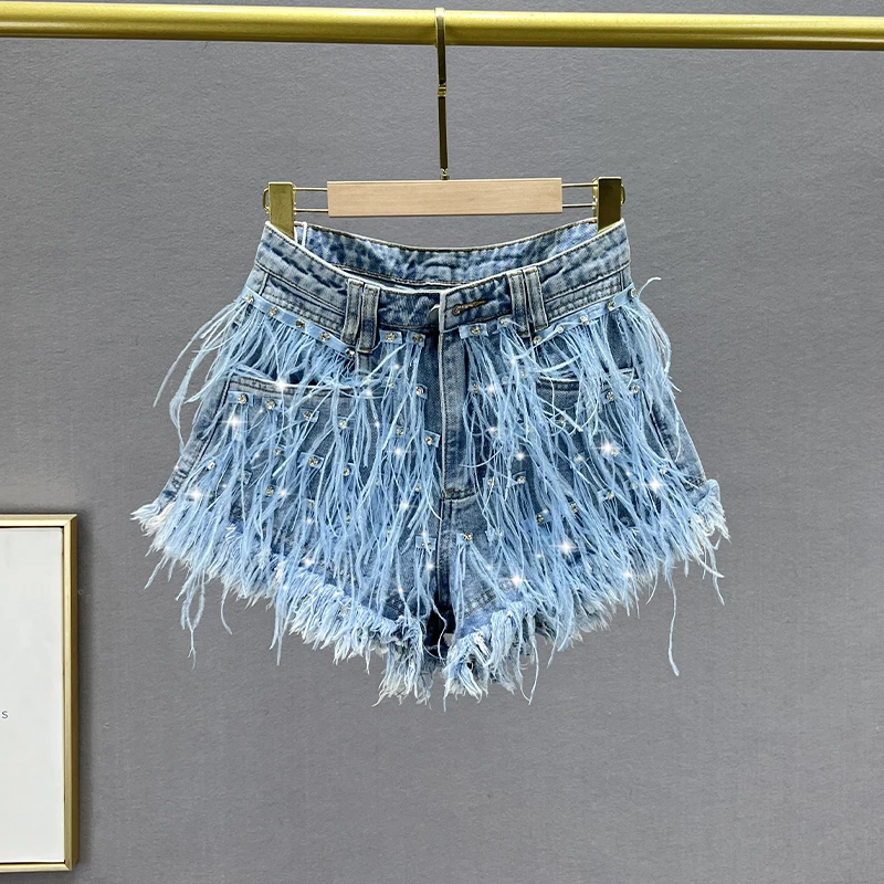 Exquisite Rhinestone Black Denim Shorts Women's Trendy 2024 New Summer High Waist Slimming Tassel Wide-Leg Trousers Hot Pants