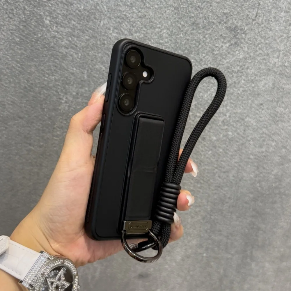 Folding Metal Stand Phone Case with Wrist Strap and Lanyard - Solid Color Matte Silicone Cover