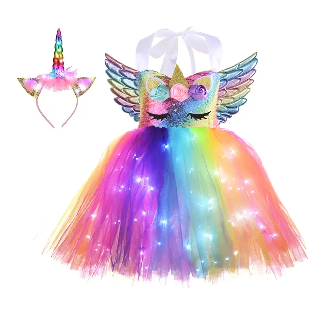 Robe de princesse sirène illuminée à Led Up, costume de sirène pour filles,  tenue de sirène de fête Tutu robe avec bandeau, costume d'anniversaire de  Noël d'Halloween