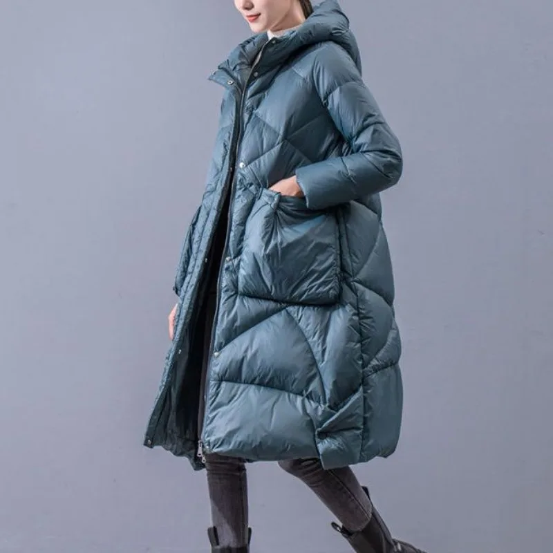 2023 New Women Down Jacket Winter Coat Long-style Large Size Loose  Parkas Literary Retro Skirt Thicken Outwear Hooded Overcoat