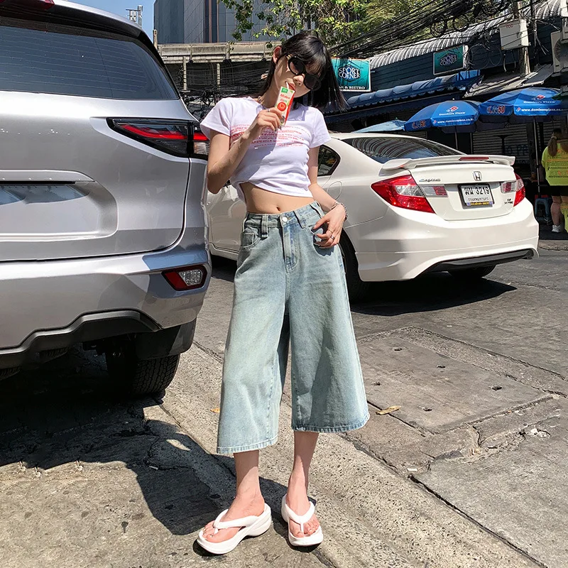 Denim Planet Loose Wide Leg Jeans For Women's Summer New 2024 High Waisted Slimming Versatile Fashion Cropped Pants