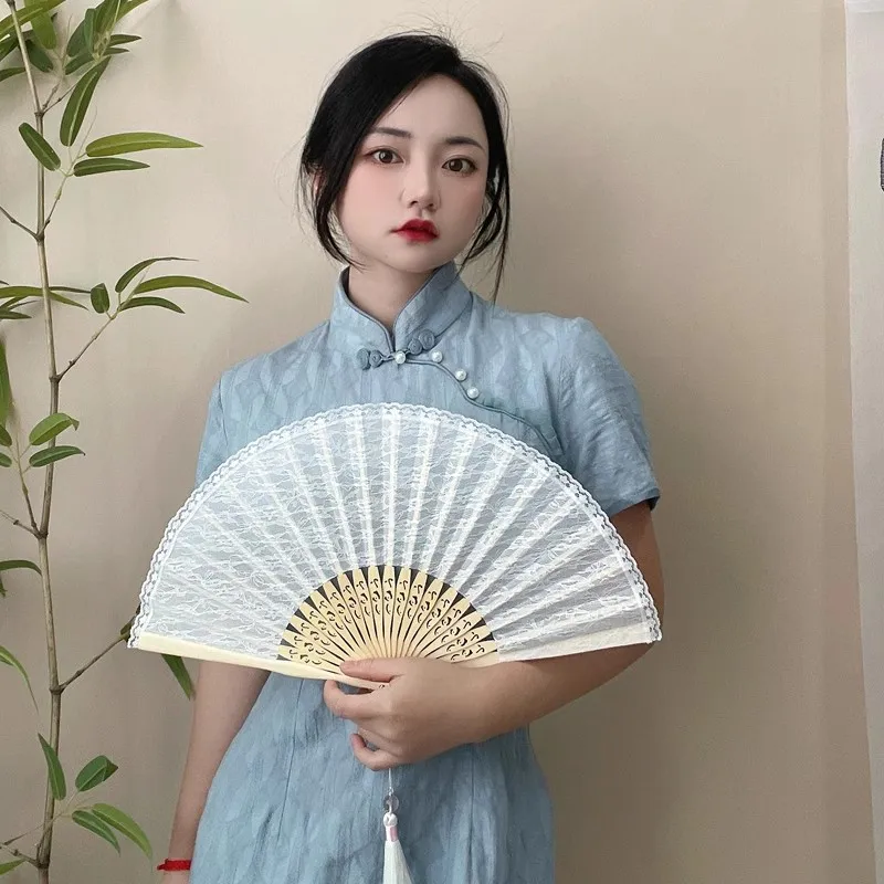 Chinese Style Black Lace Folding Fan Qipao Dance Fan Summer Cooling Performance Classical Chinese Fan