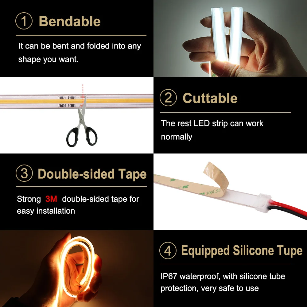 420 LEDs/M 110V/220V COB LED Strip Light CRI 90 IP67 Waterproof Flexible Neon Ribbon Rope Light Dimmable FOB COB Tape LED 5M 10M