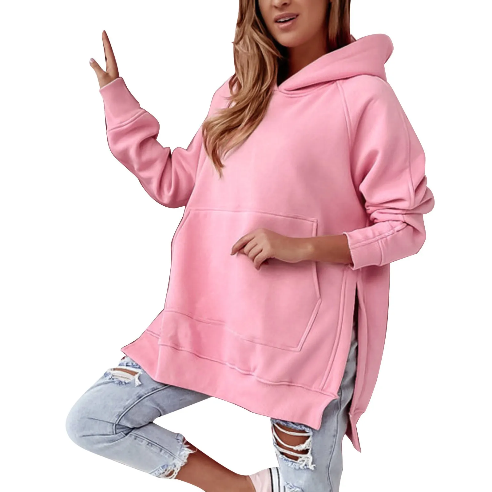 

Solid Color Long Sleeve Sweater With Side Slits Women's Hooded Sweater Hoodies Trendy Womens Hoodies under