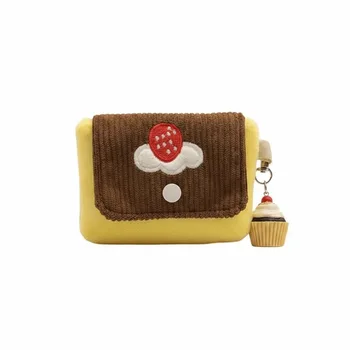Portamonete Design Pudding alla Ciliegia, Mini Pochette in Velluto Morbido con Texture Corduroy, Portafoglio Compatto con Ricamo a Torta Carino