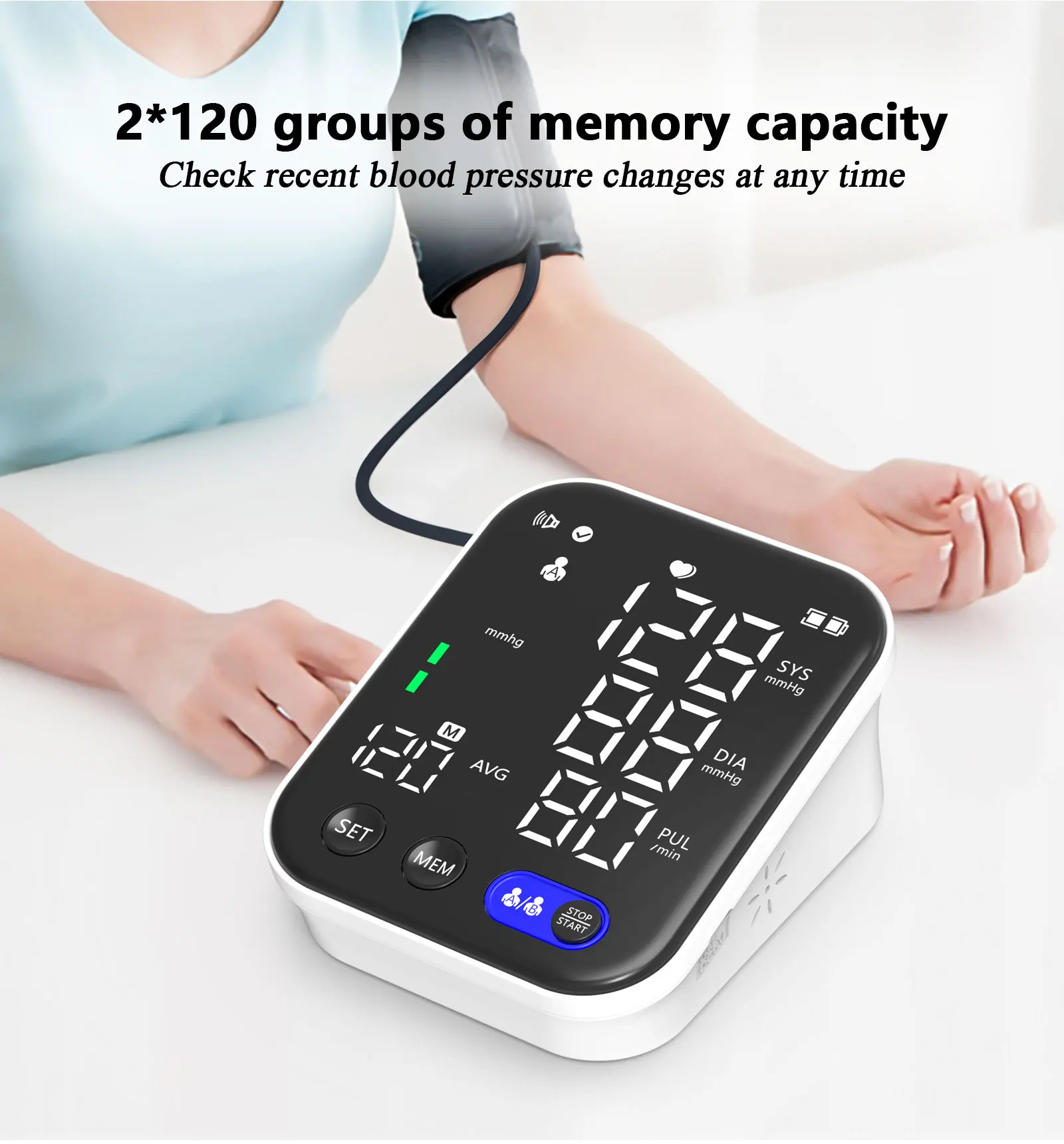 Blood Pressure Monitor, CARMAS Blood Pressure Monitor Upper Arm with Large  Cuff Automatic Upper Arm Machine with 2*120 Sets of Memory Large LCD  Display (Black)