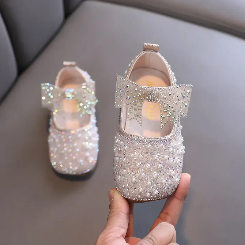 New Girls Princess Shoes Fashion Children's Bow Rhinestone Sequin Kids Shoes Baby Party Student Flat Performance H19