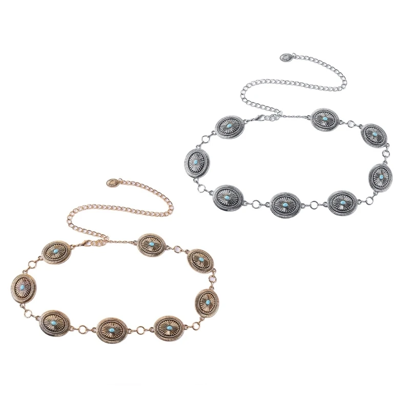 

Adjustable Length Waist Chain for Women Ladies Dress Belt with Carved Turquoise Buckle Female Waist Rope Accessories