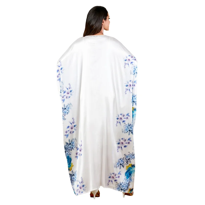 White Muslim Dress For Women Loose Turkey Woman Robe Batwing long Sleeve Dubai Pleated Casual Party Islamic Print Clothing