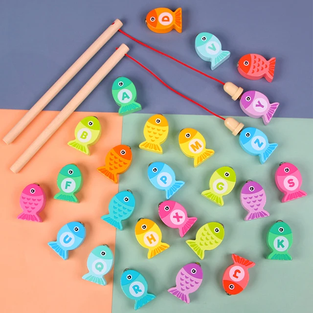 WEMMICKS Wooden Magnetic Fishing Game Montessori Number Letter Cognition Fish Rod Toys Kids Early Educational Toys 11/28pcs 1