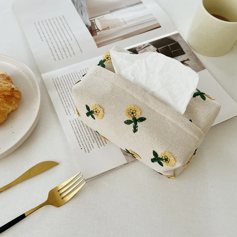 Japanese 3D Small Yellow Flower Fabric Embroidered Paper Box Model Room Decoration Model Room Restaurant Decoration Tissue Box 4