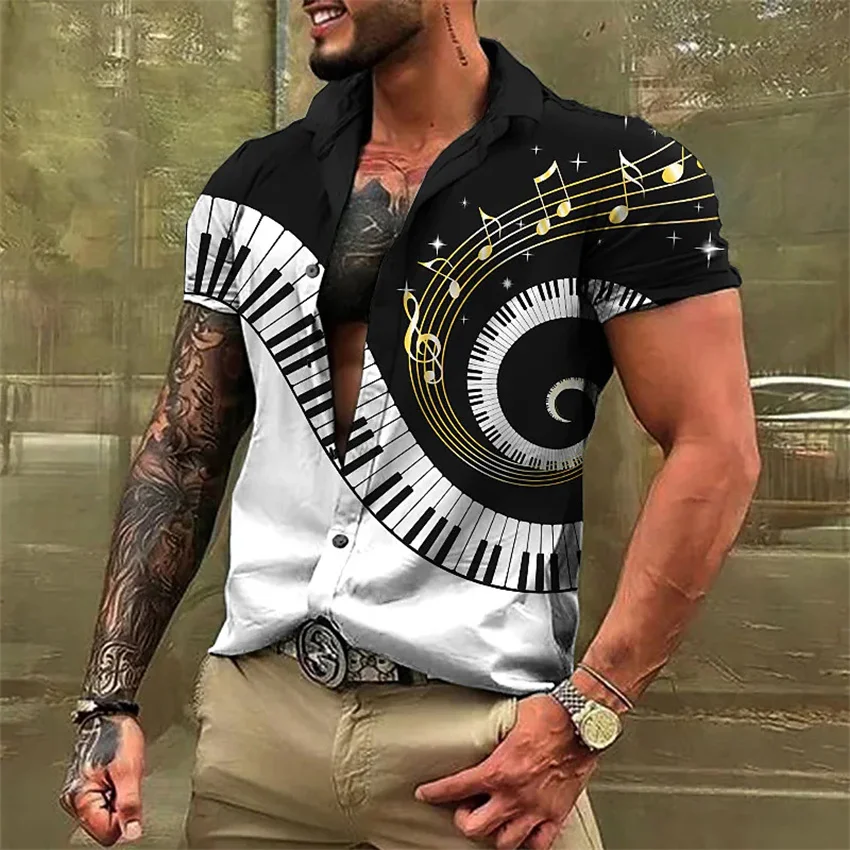 Men's short-sleeved lapel fashion trend 2023 new musical instrument casual high-quality material European size men's clothing