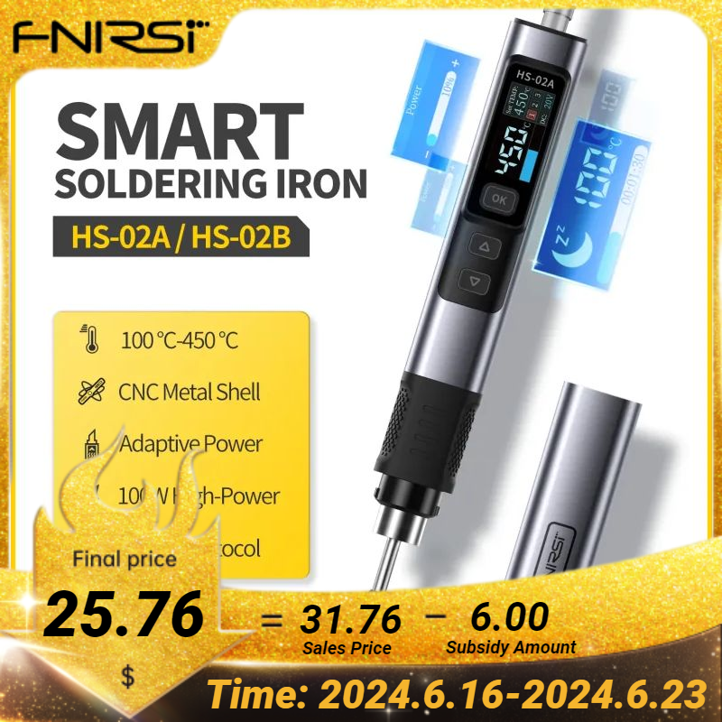 FNIRSI HS-02 Adjustable Temperature Soldering Iron DC 24V 100-450℃ Welding Solder Rework Station PD 100W Portable Repair Tool