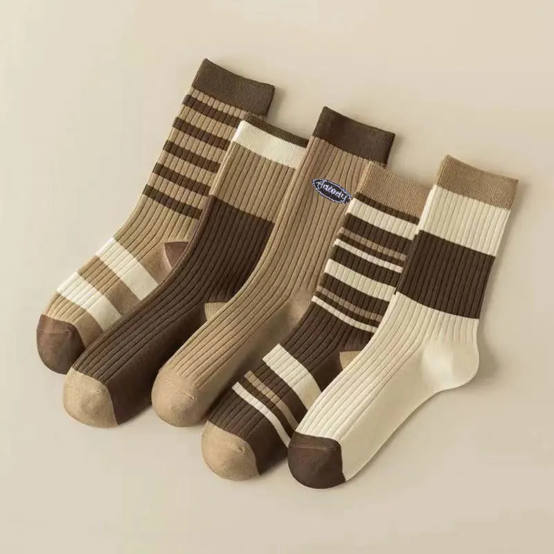 5 Pairs of Solid Color Women's Casual Autumn Socks - Medium Length