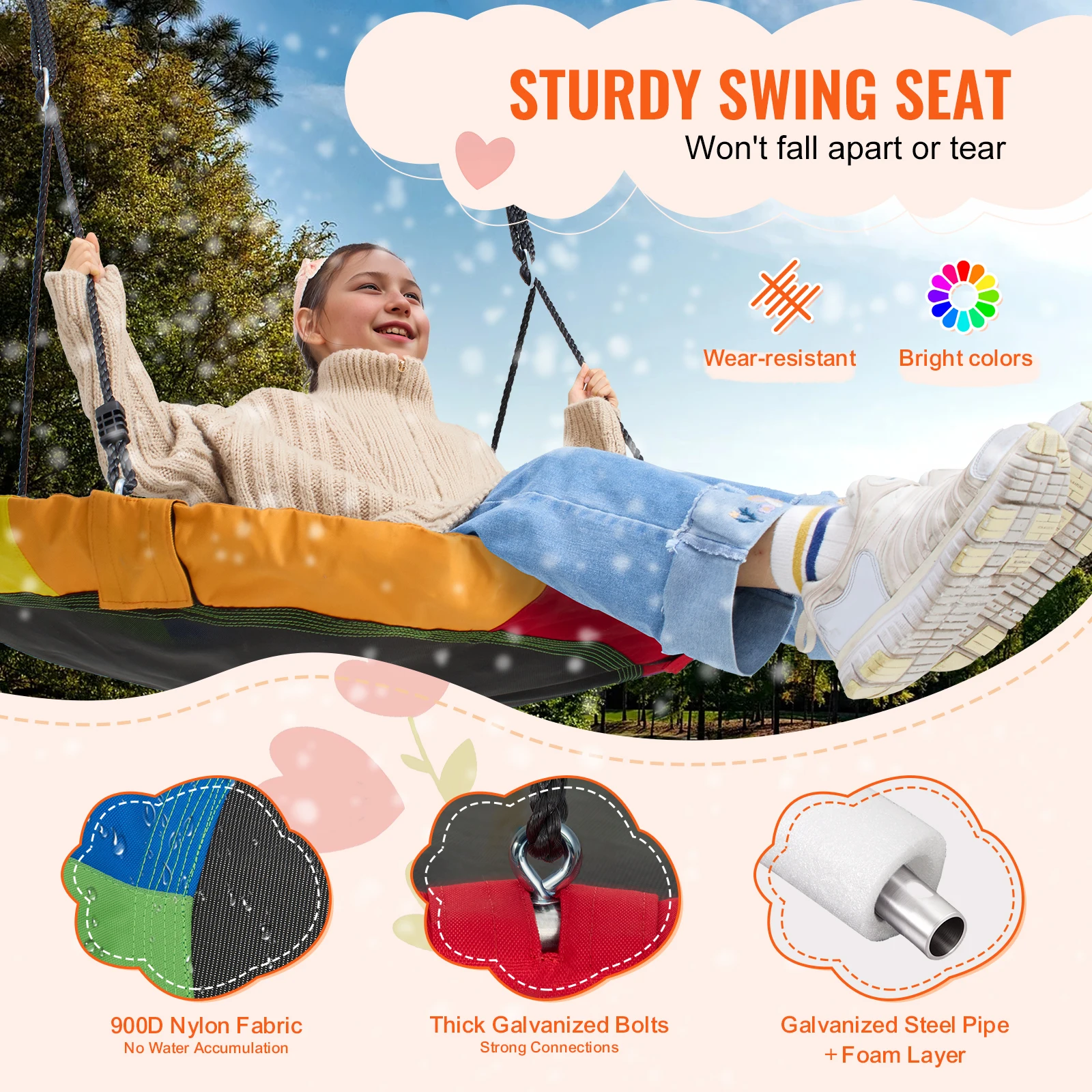 SucceBuy Tree Swing Saucer Swing 750lbs Swing Seat 2 Tree Hanging Straps Adjustable Multi-Strand Ropes Round Swing Kids Outdoor 3