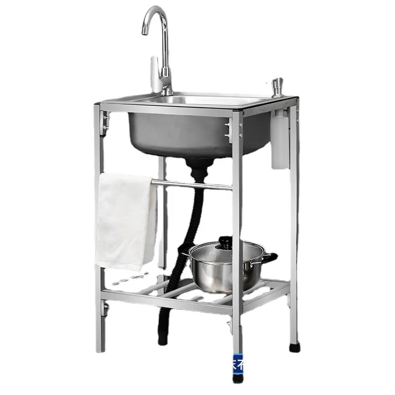 Balcony Wash Sink Kitchen Thickened Simple Stainless Steel Vegetable Washing Basin Sink With Bracket Single Sink Double Slot 4