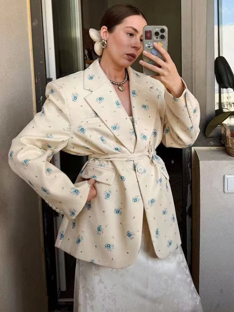Women's Floral Printed Office Wear Blazer Coat Long Sleeve Flap Pockets Lace-up Blazers Jackets Female Outerwear Chic Tops