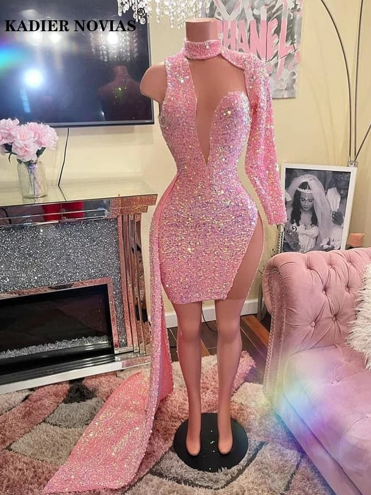 Long Sleeves Pink Sexy Prom Dresses 2022 High Neck Sequins Party Black Girl Birthday Cocktail Dress With Train pink prom dress