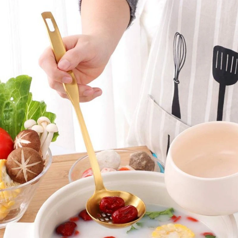 Gold Soup Ladle Colander Set, Long Handle Stainless Steel Kitchenware Cookware Serving Spoon, For Cooking Utensil(2 PCS)