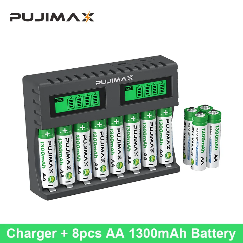 PUJIMAX Universal 1.2V ni-mh batteria ricaricabile AA + caricabatterie 8 slot ricarica indipendente con cavo USB per display LCD di ricarica