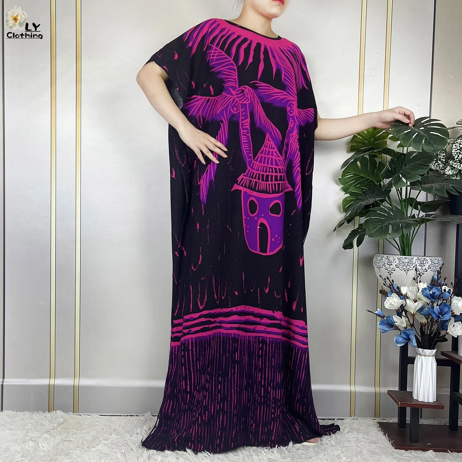 2023 New African Abaya Summer Women Short Sleeve Printed Cotton Loose Robe Maxi Muslim Traditional Dressed With Big Shawl Scarf