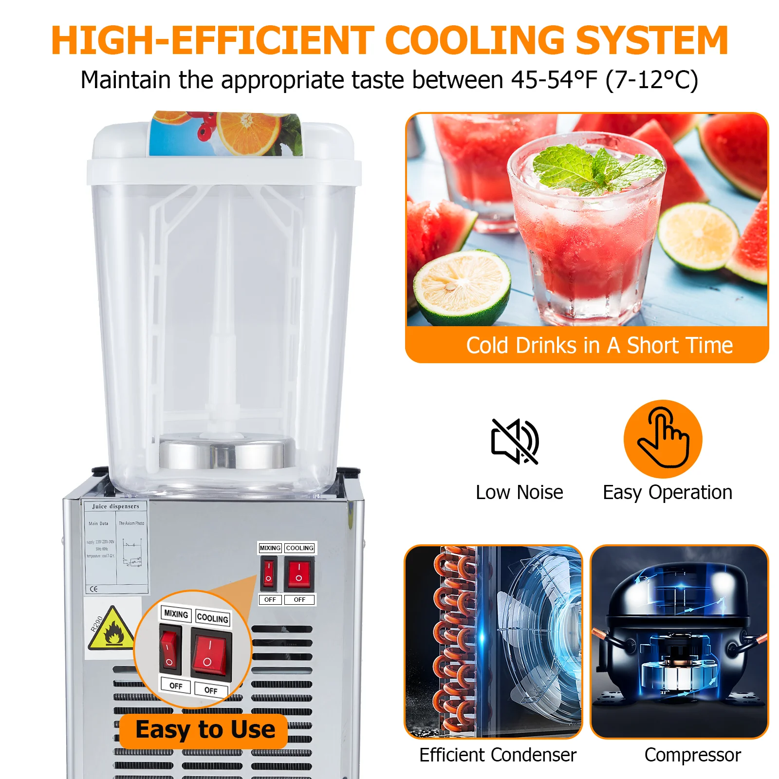Commercial Beverage Dispenser, 1 Tanks 4.75 Gallon 18L Commercial Juice Dispenser, 18 Liter Per Tank, 180W Stainless Steel Food 2
