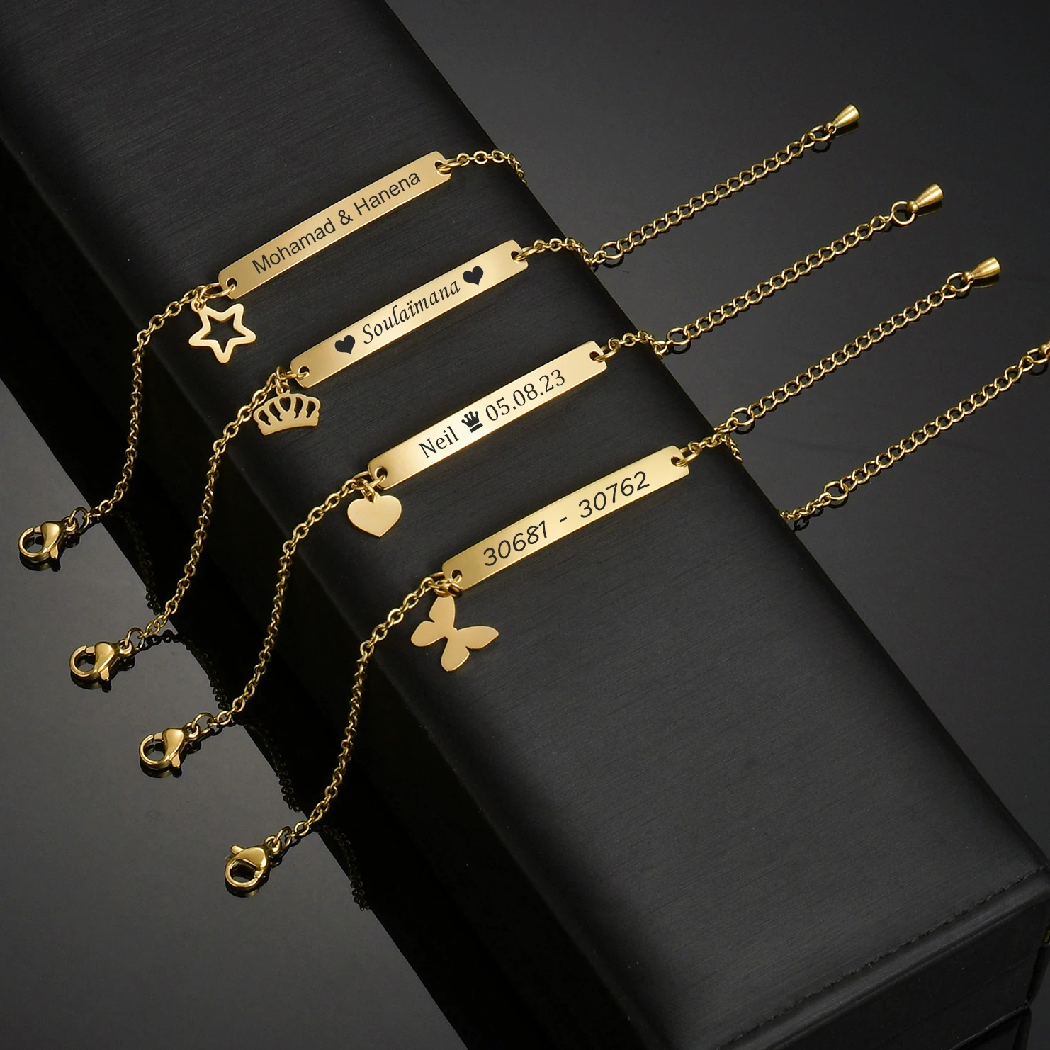

Браслеты с гравировкой имени для женщин, браслеты из нержавеющей стали с сердечками, звездами, коронами, бабочками, рождественский подарок