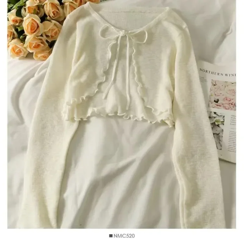 White Knitted Cardigan Women Summer Thin Sunscreen Lace-Up Knitwear Tops Female Korean Style Lantern Sleeve Short Coat - Image 3