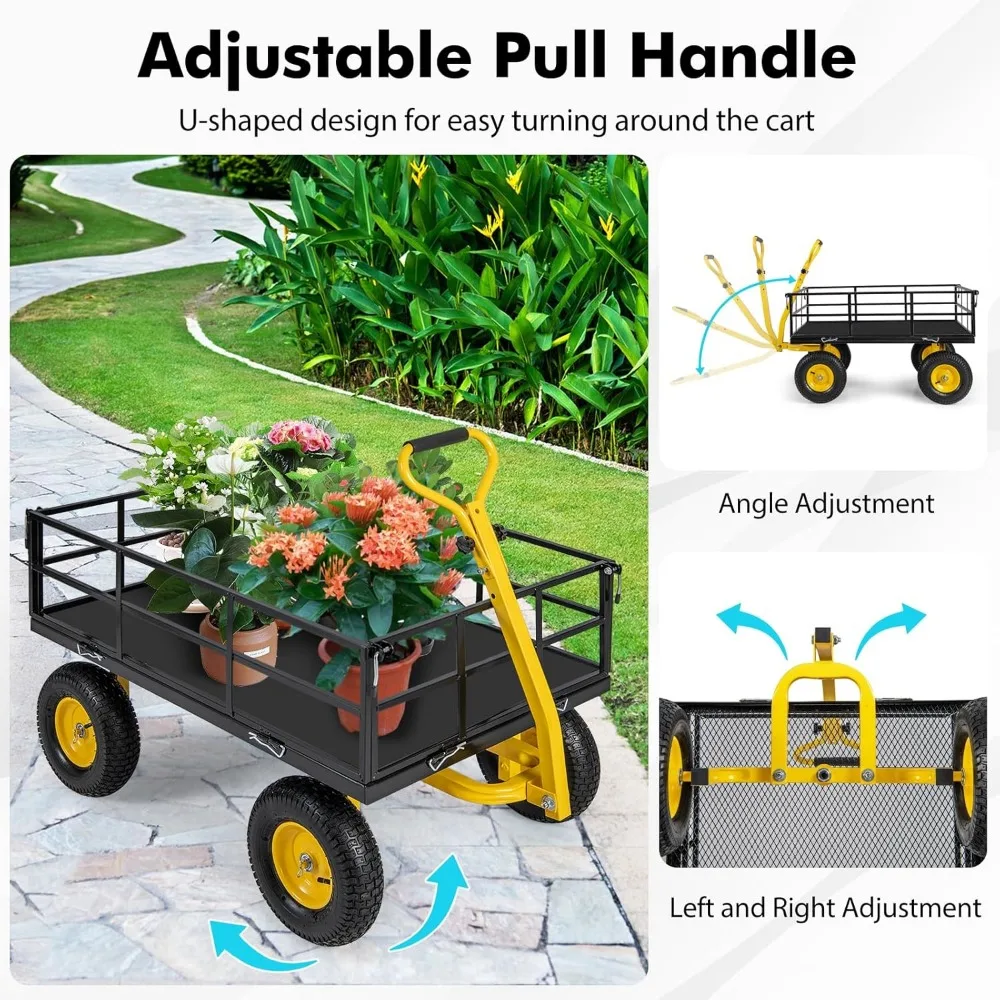 Mesh Steel Garden Cart, 1200LBS Utility Wagon with 4 Removable Sides, 13” Pneumatic Wheels, Adjustable Handle, Bungee Cord, Con 5