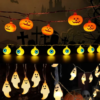 Halloween Hanging Lanterns Pumpkin LED String Lights Eyeball Ghost 10/20LEDs Battery Powered for Outdoor Yard Party Props Decor