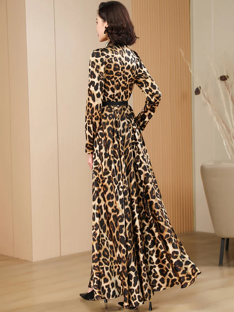 Women Spring Long Dress Girls Leopard Printed Birthday Dress Long