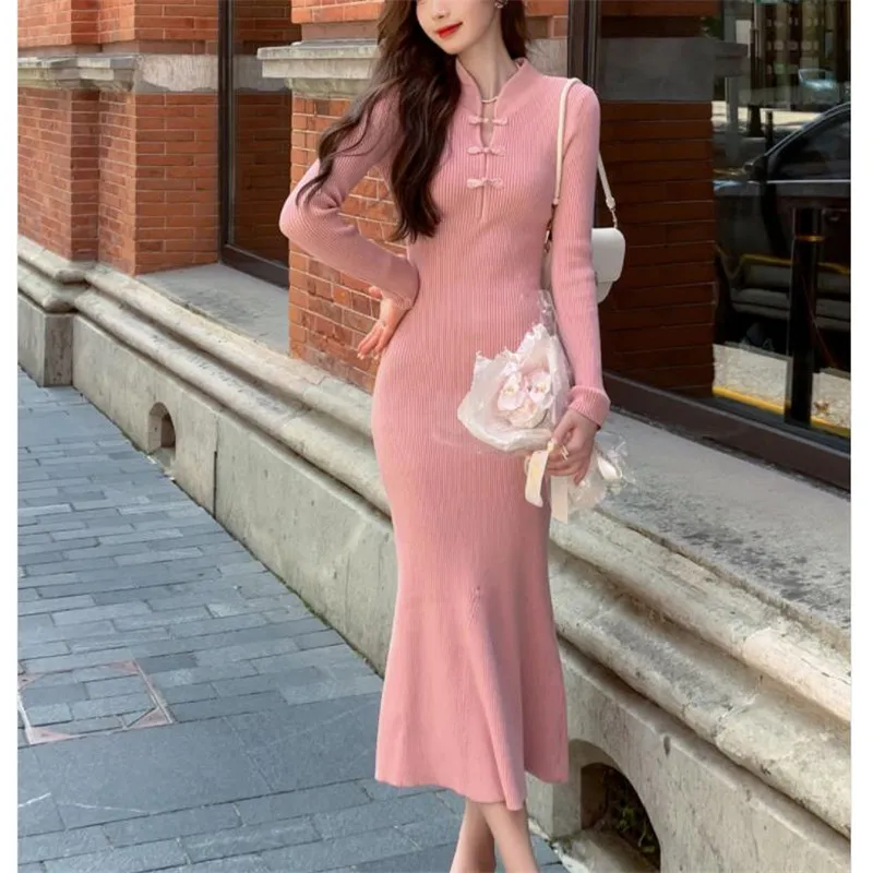 

New Chinese Style Retro Improved Cheongsam Knitted Dress for Autumn Slim Fit with Bottom Sweater Buttocks Wrapped Fishtail Skirt