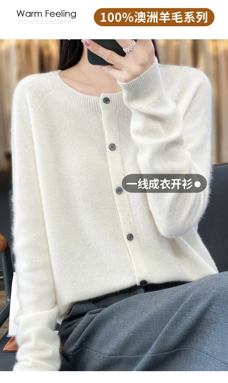 Women 100% Merino Wool Sweater Autumn Winter O-Neck First Line Seamless Cardigan Long Sleeve Clothing Cashmere Knitwear Tops