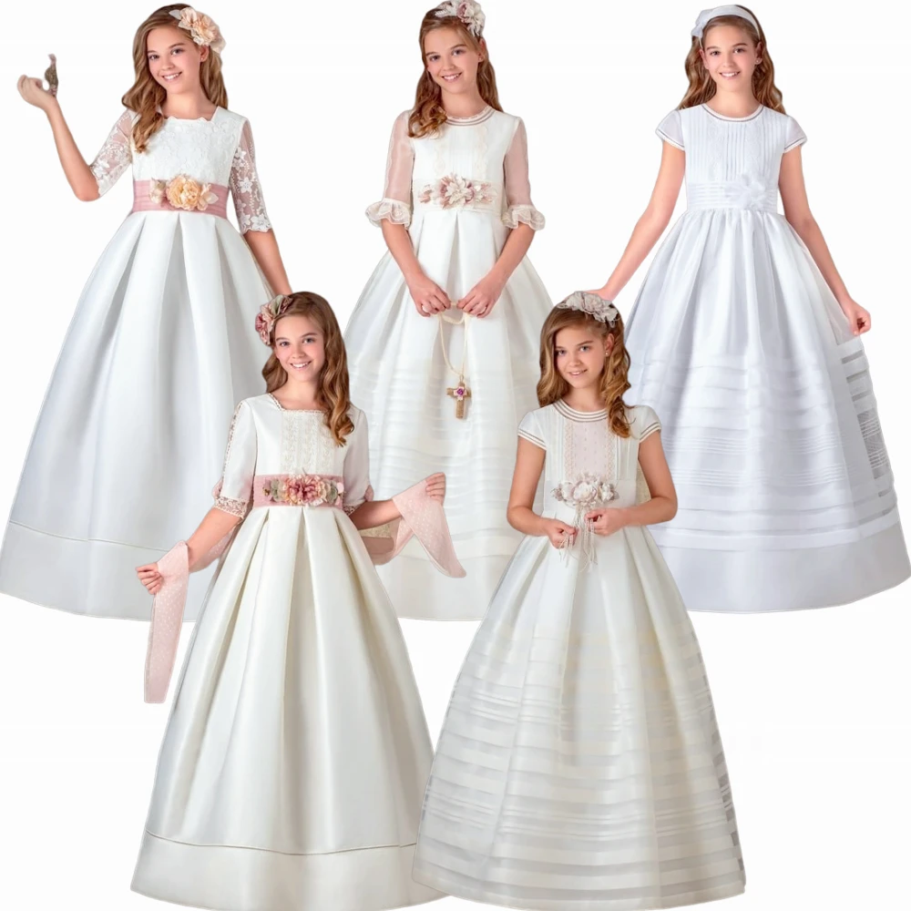 Flower Girl Dress First Communion Gowns For Kid Birthday Gift Vintage Princess Lace Floral Ribbon Belt Wedding Elegant Dresses