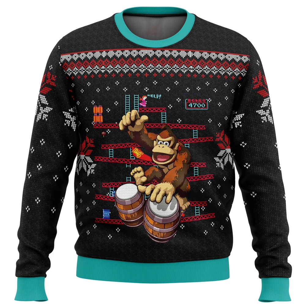 

Donkey Kong Drums Ugly Christmas Sweater Gift Santa Claus Pullover Men's 3D Fleece Sweatshirt and 2023 New Autumn/Winter Top