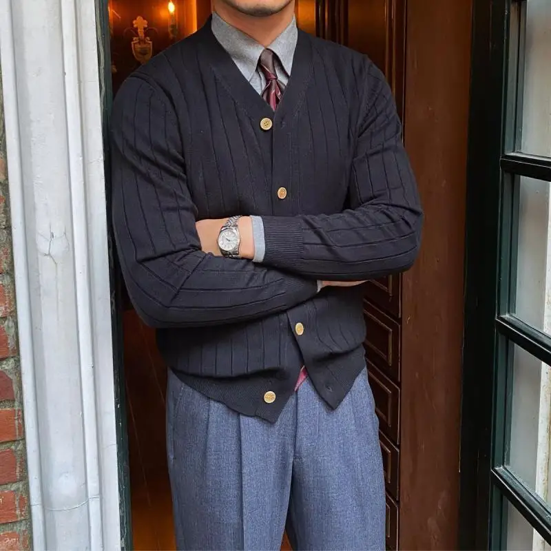 Rascal 멋진 V넥 슬림핏 핏 스트립 긴팔 캐주얼 단색 남성 스웨터 가디건, 용수철 가을 시니어 신상, 2023