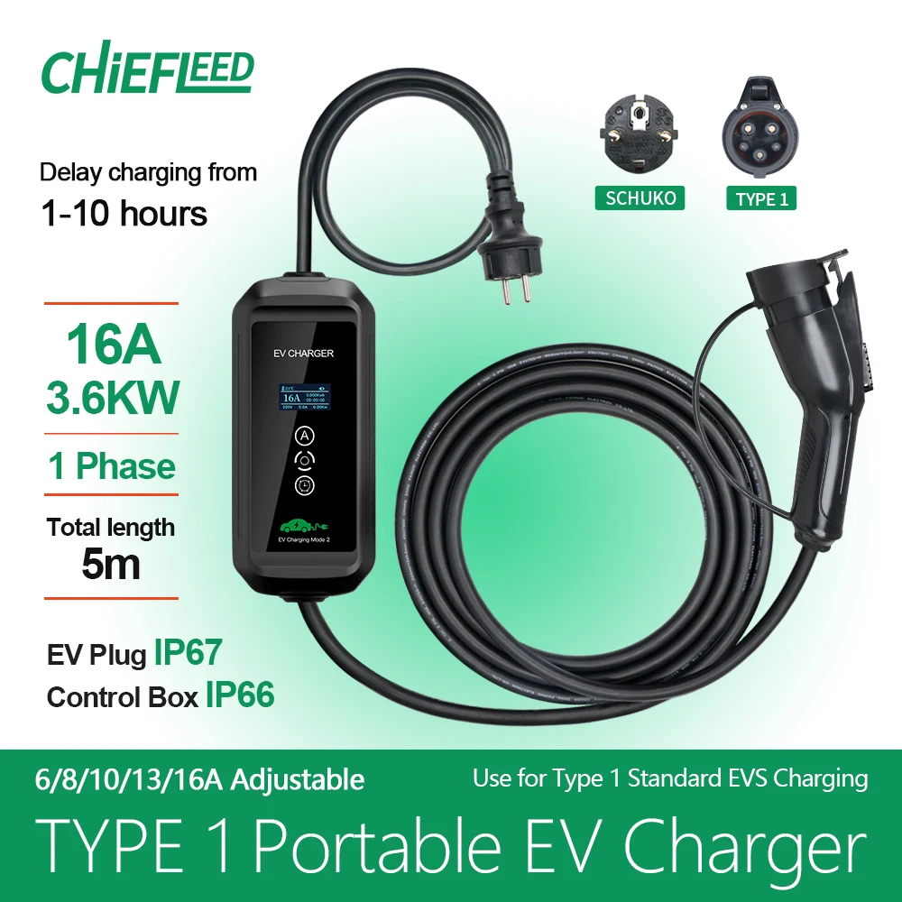 

16A 1phase 3.6kw J1772 Type1 EV Charger Type2 IEC 621962 Input 110V-450V Home Use Charging 5m Long Current 8A 10A 13A 16A Adjust