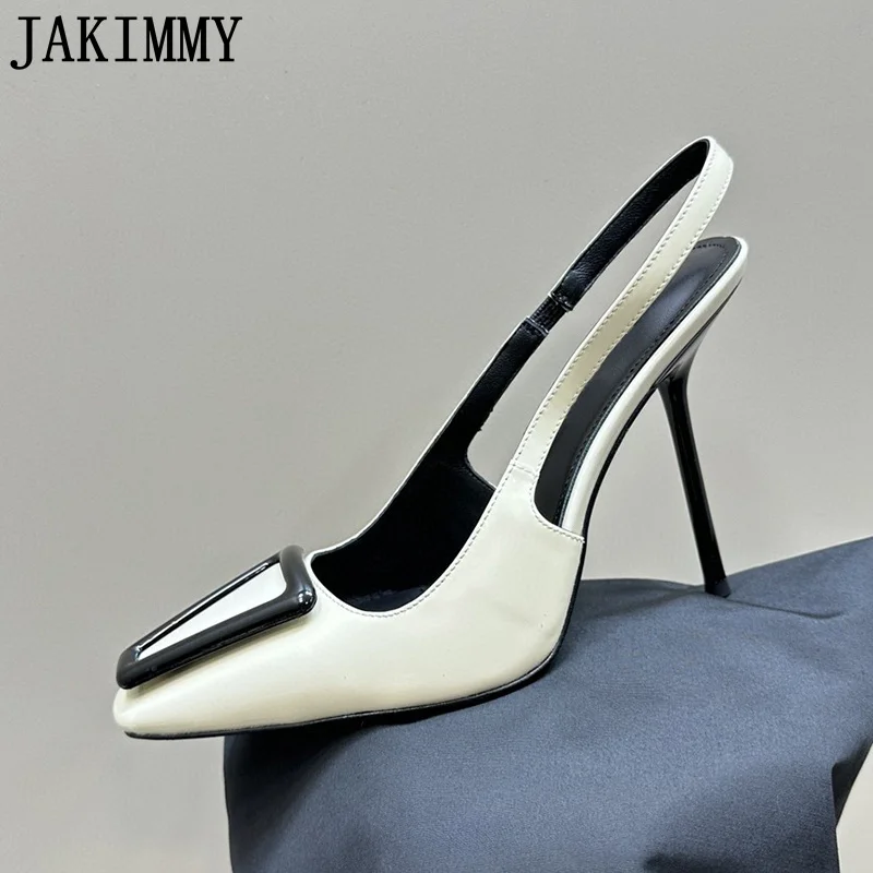 

Genuine Leather High Heels Slingback Shoes Woman Square Buckle Brand Dress Shoes Summer Sexy Party Banquet Sandals For Women