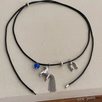 Minar Funny Metallic Cartoon Horse Multi Tassel Beads Pendant Necklaces for Women Female Adjustable Long Wax Rope Chain Chokers - Image 3