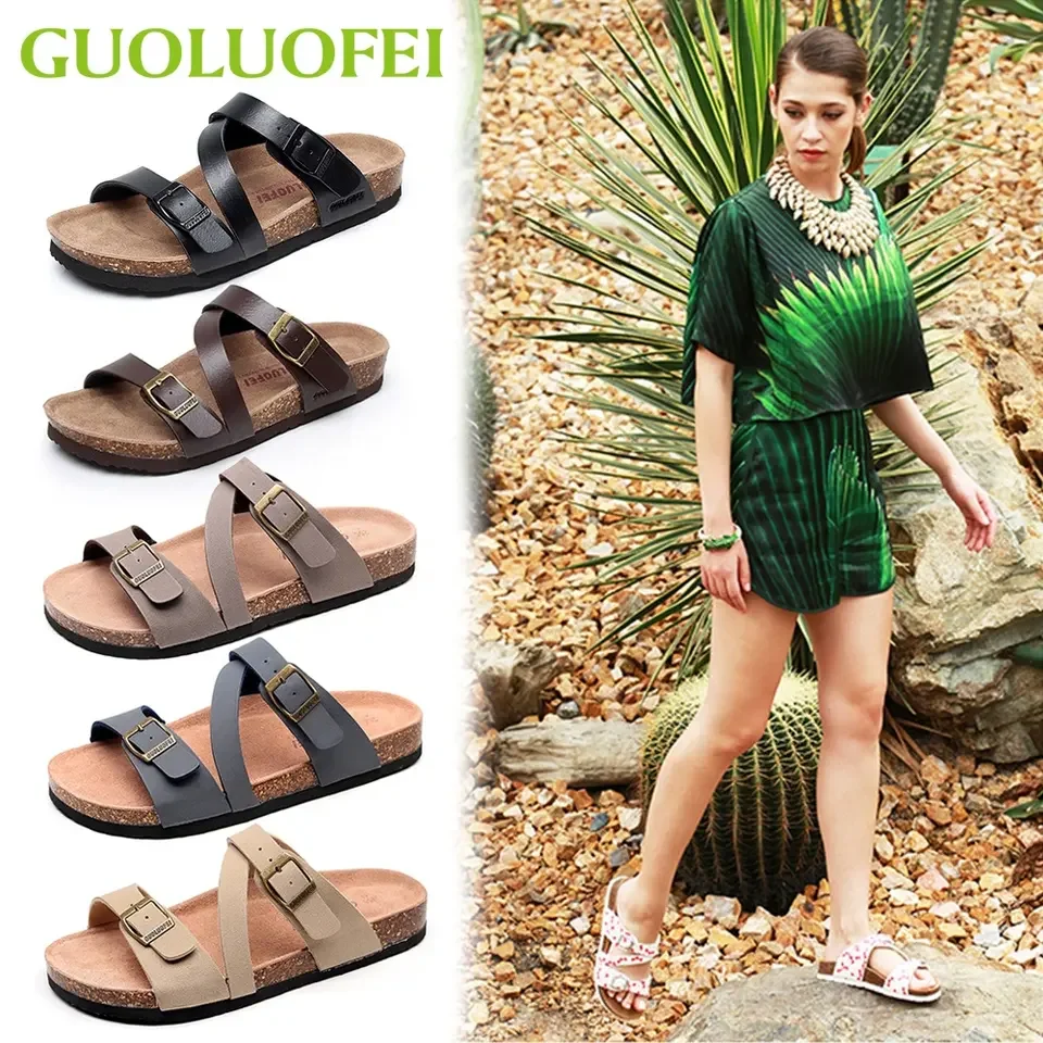 2024 New Men Women's Flat Sandals with Cork Footbed Open Toe Slides Adjustable Slip On Slippers for Summer Size 36-45