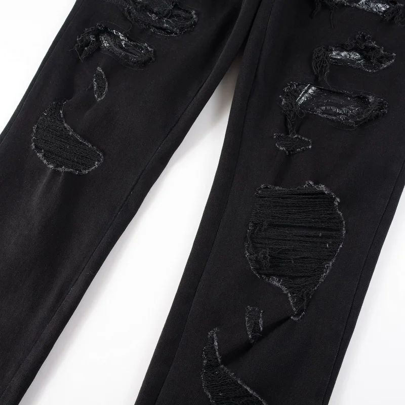 Men Snake Embroidery Jeans Skinny Tapered Stretch Denim Pants Streetwear Holes Ripped Leather Patch Patchwork Trousers Black 6
