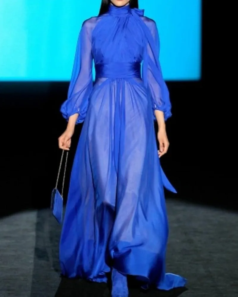 

Элегантное синее вечернее платье с высоким воротником и рукавом 3/4, женское шифоновое платье для выпускного вечера, сексуальное платье для вечеринки