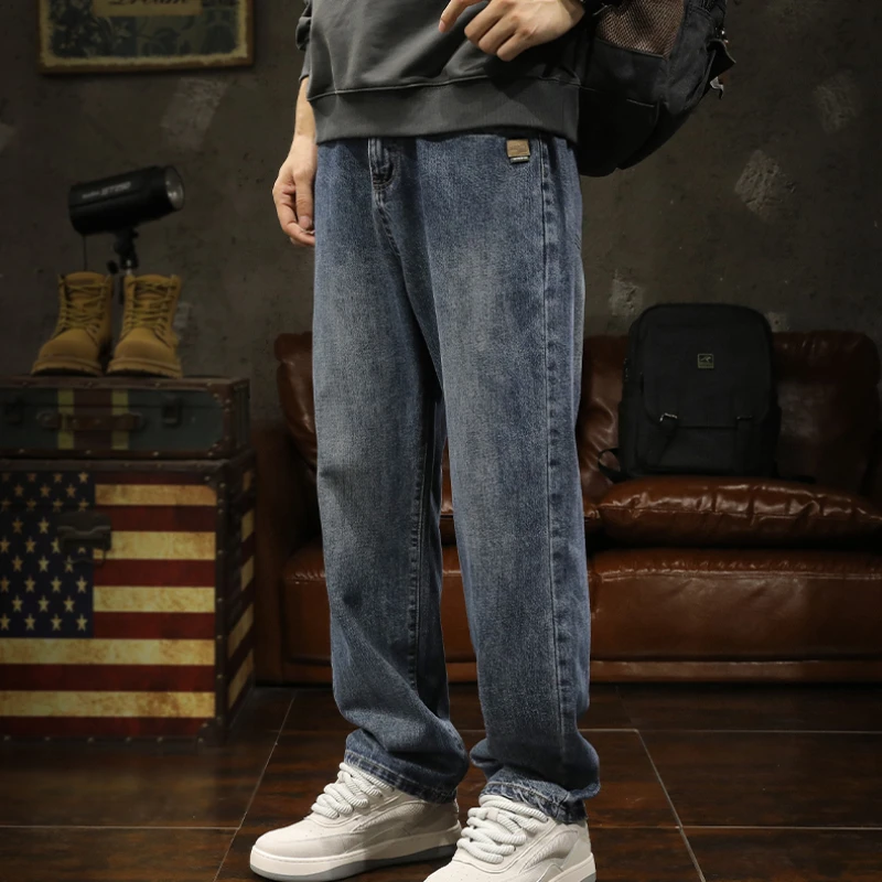 

American high street retro jeans men's spring and autumn loose straight leg casual pants trend everything washed wide-leg pants
