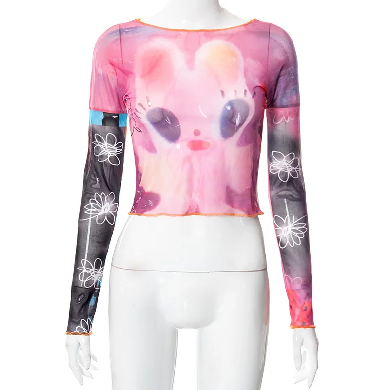 Summer New Fashion Fairy Tale Style Y2k Top Casual O-Neck Long Sleeve Shirts For Women Net Yarn Slightly Sheer Graphic T Shirts 15 Summer New Fashion Fairy Tale Style Y2k Top Casual O-Neck Long Sleeve Shirts For Women Net Yarn Slightly Sheer Graphic T Shirts