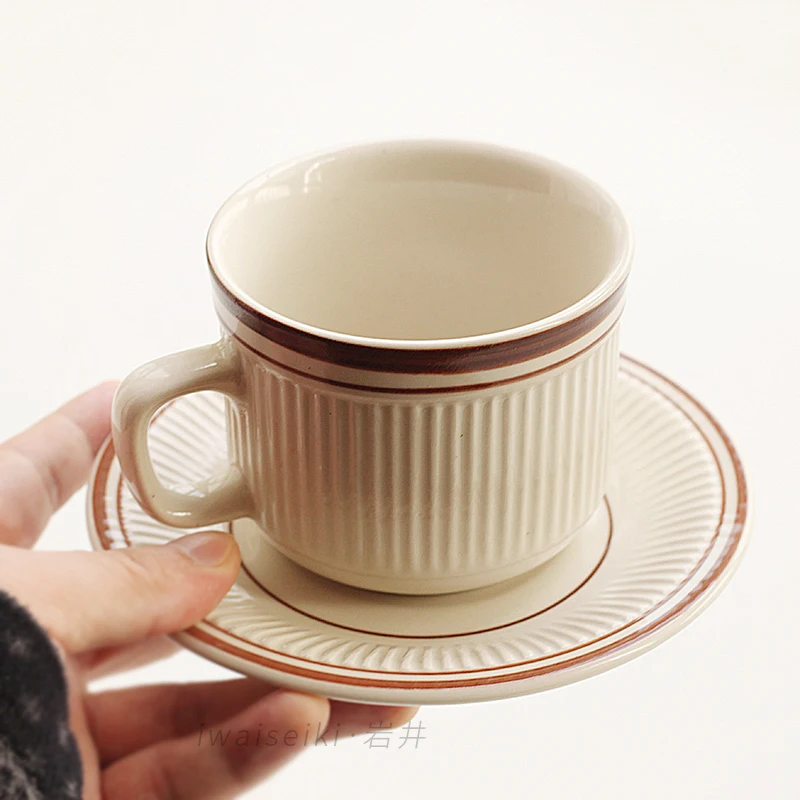 

Safe Korean Classic Vertical Coffee Cup Mug With Saucer 7.8Oz Latte Cappuccino Tea Cups Dishwasher and Microwave