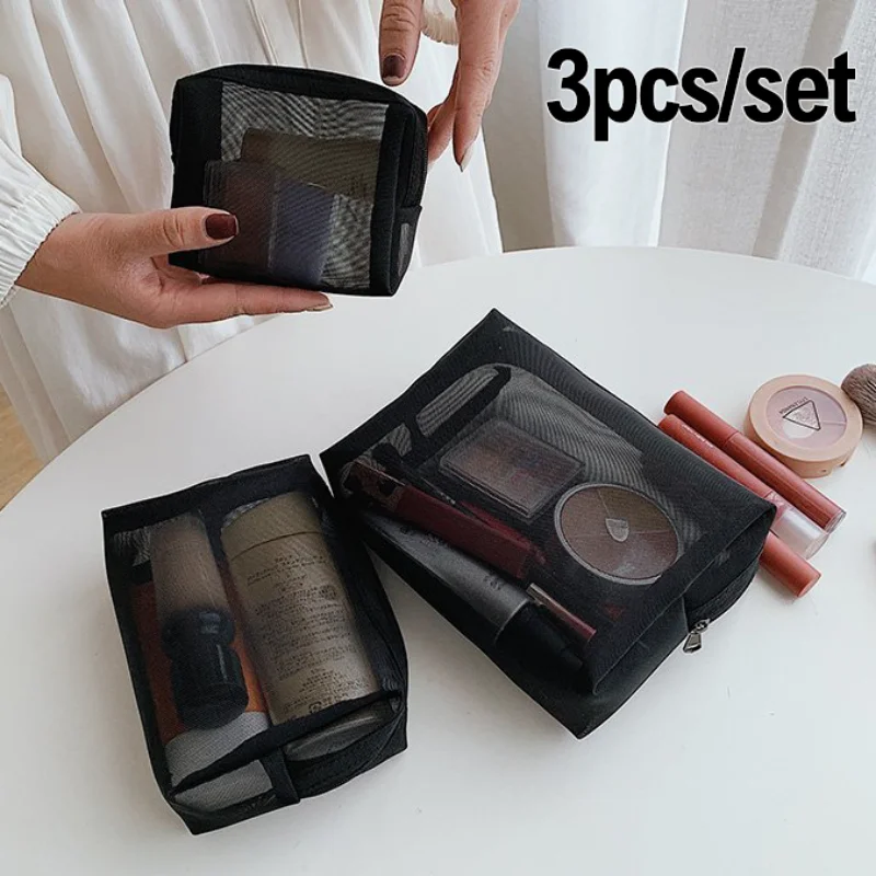 Mesh Cosmetic Bags S/ M/ L Black Transparent Makeup Bags Portable Travel Toiletry Organizer Lipstick Storage Pouch Beach Outdoor