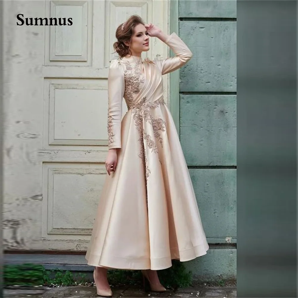 Sumnus Vintage Champagne  A Line Prom Dress Ankle Length  Appliques Party Graduation Gowns High Neck Long Sleeve Formal Dresses light blue prom dresses