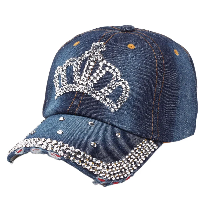 Women Bling Tiara Distressed Denim Baseball Cap Rhinestones Embellished Washed Retro Style Adjustable Hat 3