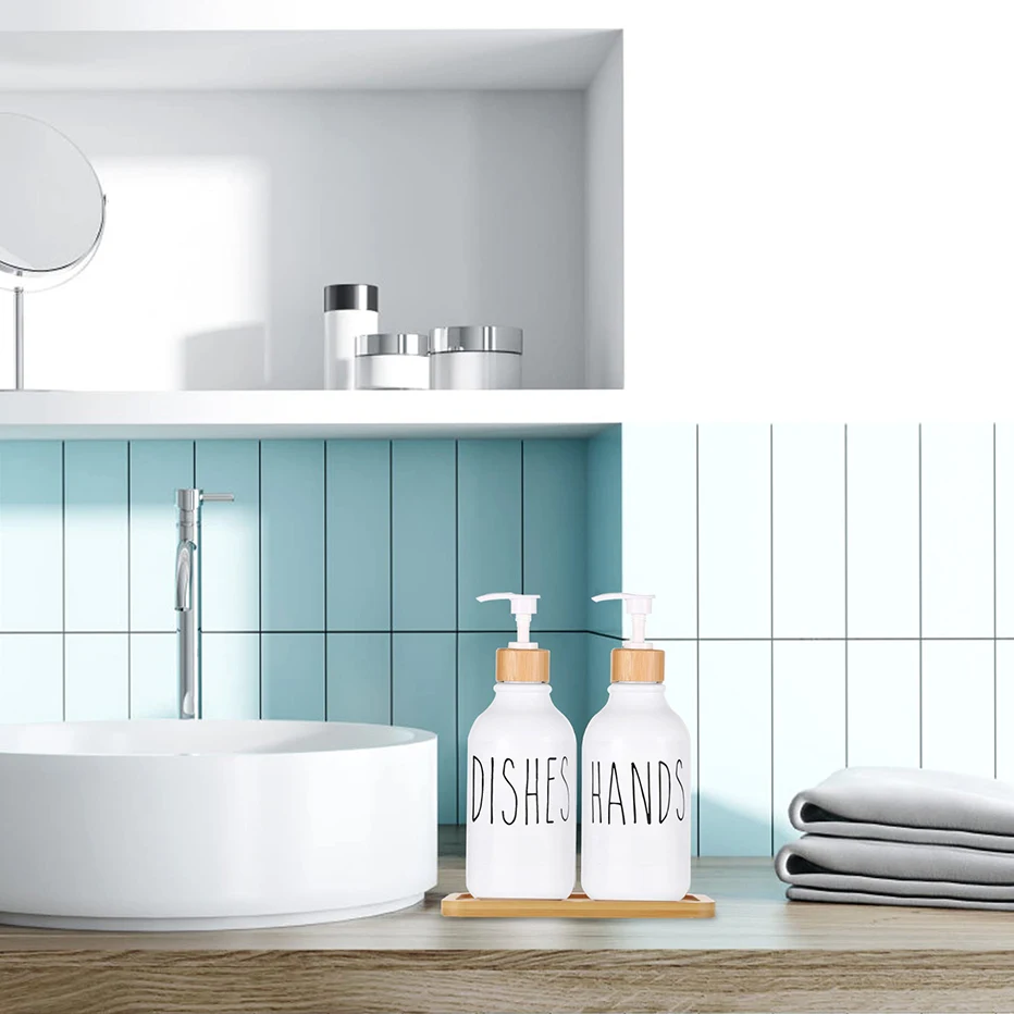 White Hand Soap and Dish Soap Dispenser with Pump Soap Bottle for Farmhouse Kitchen Counter Bathroom Decor Organization 500ml 2
